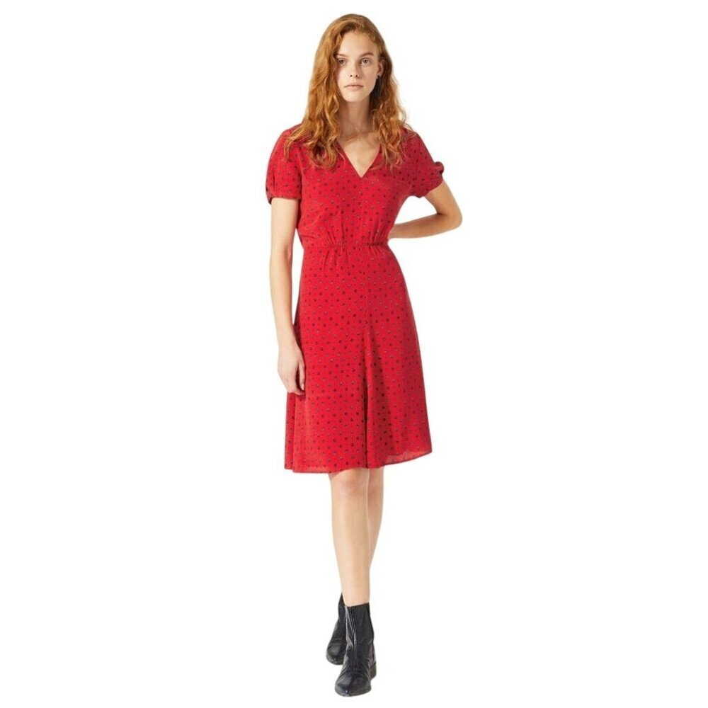 Jigsaw African Spot Tea Midi Dress Red Womens Size 2 UK 6 Office Boho Work Red